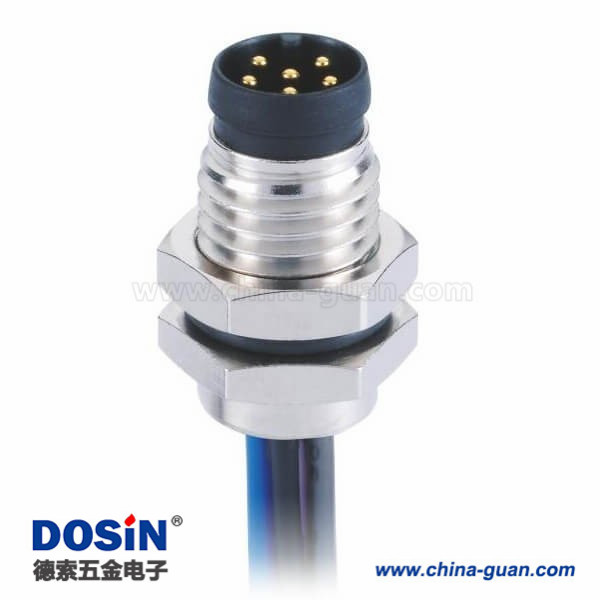 圓形連接器M8A型板端前鎖焊線(xiàn)式6芯公插座直式防水連接器接1米26AWG線(xiàn)