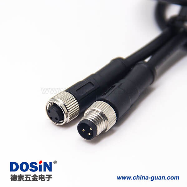 M8電纜插頭3芯公對(duì)母直式注塑線24AWG線長1米180度螺紋傳感器