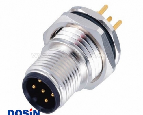 M12防水連接器5 pin A-型板端公座子PCB插板式前鎖傳感連接器