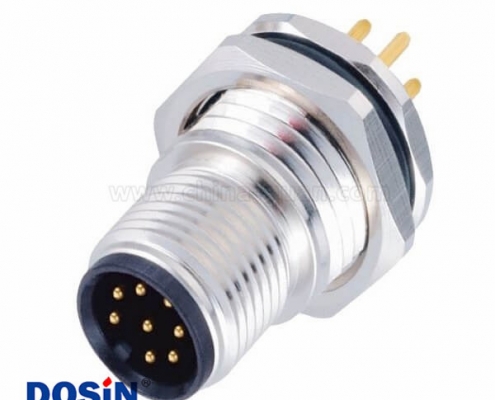 M12連接器8pin A型板端公座PCB插板式前鎖工業(yè)防水傳感連接器