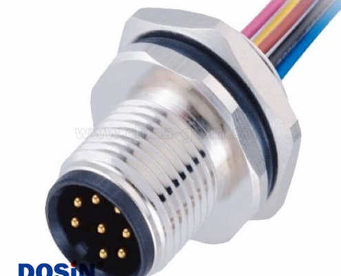 M12防水連接器8pin A型防呆位板端公座后鎖焊接帶線50CM AWG24帶屏蔽