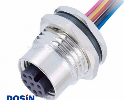 M12 8芯傳感器A扣母頭板端焊線座子帶屏蔽帶線1M AWG24