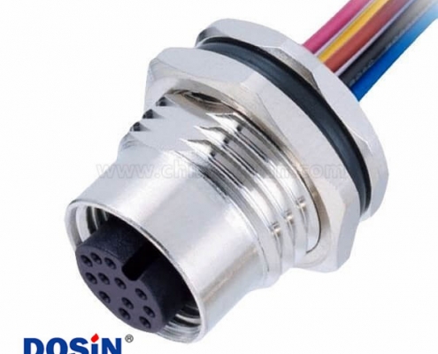M12 12Pin 母頭防水連接器前鎖板焊線A扣座子帶線50CM AWG26帶屏蔽