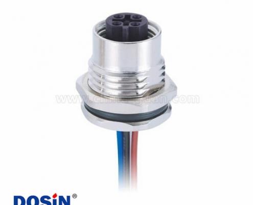 M12板端連接器5芯母頭前鎖板焊線帶屏蔽插座帶線1M AWG22