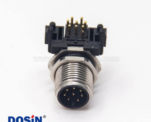 m12 8芯公頭連接器插座彎式插PCB板螺紋前鎖板防水傳感器