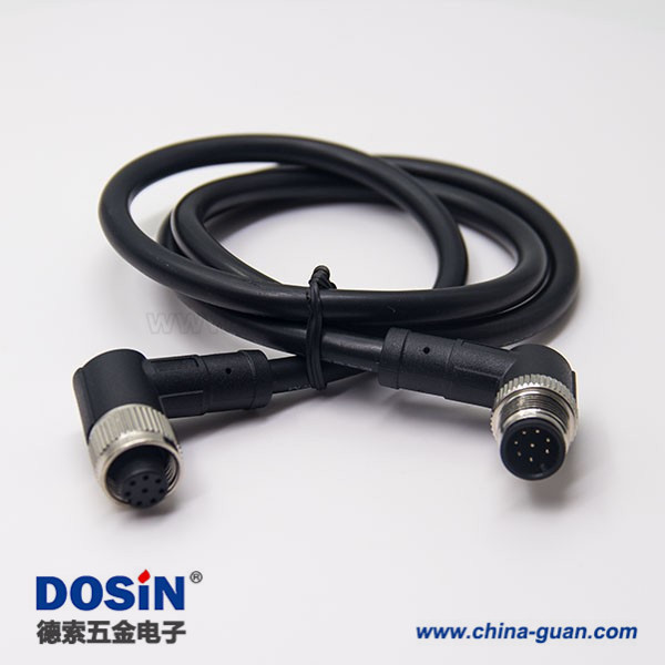 m12航空電纜8芯A型90度公對(duì)母不帶屏蔽直式防水1M AWG24