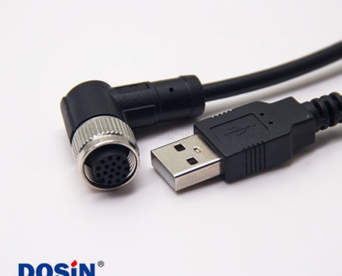 m12母頭彎式17芯工業(yè)防水A編碼插頭轉(zhuǎn)USB2.0直式公頭不帶屏蔽1M AWG26